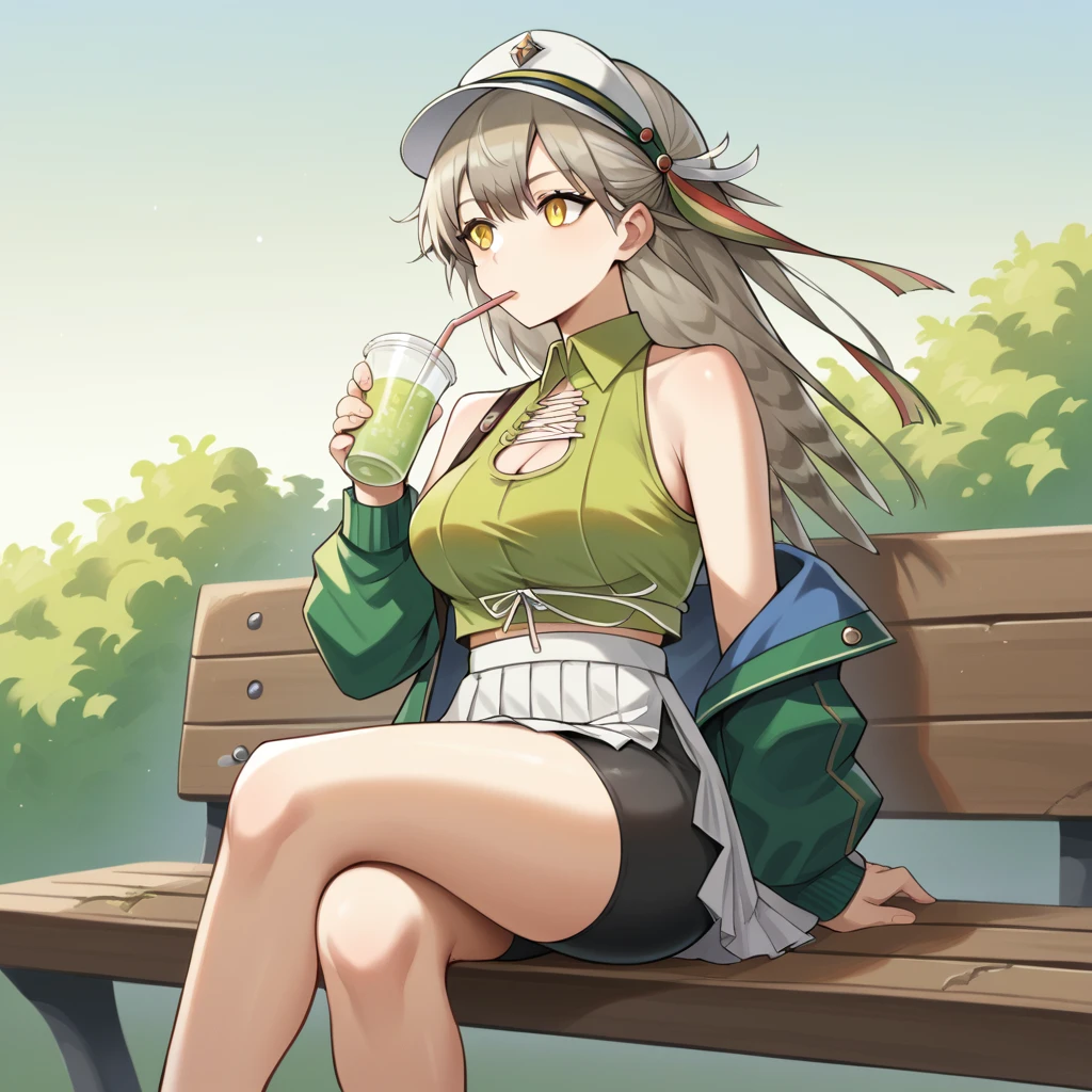 score_9_up, score_8_up, score_7_up, source_anime, masterpiece, best quality, 1girl, solo, Fartooth_Ark, Far_Alt, sun light clouds, sitting on bench, holding sports drink, drinking straw in mouth, looking to side, relaxed, crossed legs, grey hair, long hair, feather hair, white headwear, hat, peaked cap, yellow eyes, crop top, green shirt, sleeveless shirt, collared shirt, bare shoulders, off-shoulder jacket, green jacket, long sleeves, green sleeves, ribbon, cleavage cutout, white skirt, bike shorts, black shorts, shorts under skirt, side slit, mature body, dynamic cowboy shot, outdoors, golf course field background