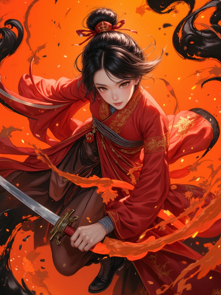 Chinese Wu Xia Style, Captured from a high-angle perspective, a medium-angle shot captures a Japanese woman in a vibrant red dress, adorned with gold embroidery and a pair of black boots. Her hair is pulled back in a ponytail, with a red bow at the top of her head. Her eyes are adorned with white paint, adding a touch of charm to her face. She is holding a sword in her right hand, while her left hand rests on the ground. Her right hand is draped over her left knee, adding depth to the scene. The backdrop is a vibrant orange, with black swirls running across it, creating a striking contrast.