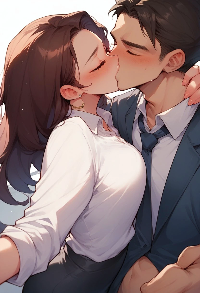 score_9,score_8_up, score_7_up, source_anime, 1girl, 1boy, intense kiss, deep kiss, kiss, collared shirt, stockings, pencil skirt, office lady, office boss, close up, dutch angle