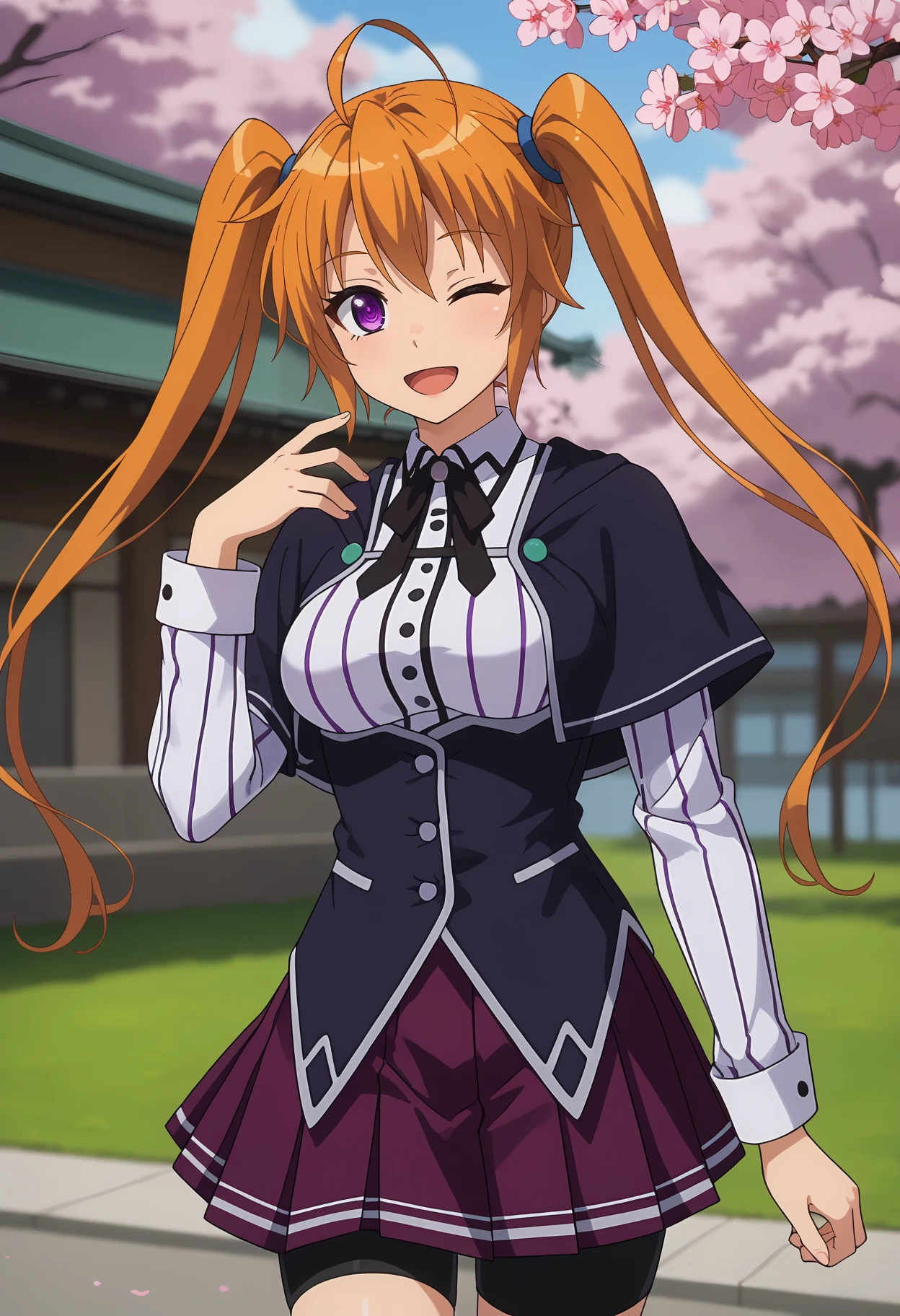 score_9,
<lora:HighschoolDxD_ShidouIrinaXL:0.9>,
1girl, solo, open mouth, light smile, one eye closed,
long hair, twintails, orange hair, purple eyes, ahoge,
IrinaSchool,black capelet, striped shirt, white shirt, neck ribbon, black ribbon, long sleeves, black corset, buttons, pleated skirt, purple skirt,
bike shorts, shorts under skirt,
standing, looking at viewer,
blurry background, outdoors, school, cherry blossoms