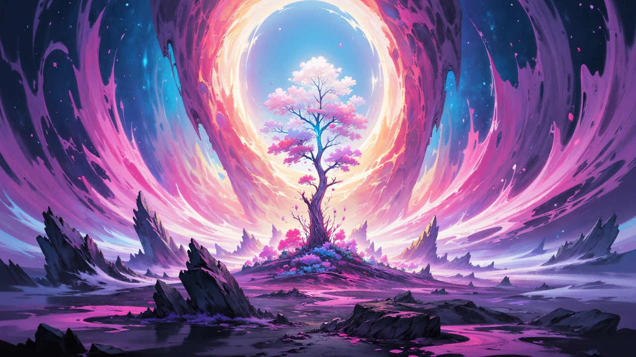 painted world, ultra realistic 8k cg, flawless, clean, masterpiece, professional artwork, famous artwork, cinematic lighting, cinematic bloom, abstract and colorful paint style, background focus,painted world, colorful splashes, deep space, cosmic, (((limitless desolation))), surreal af kitty background.