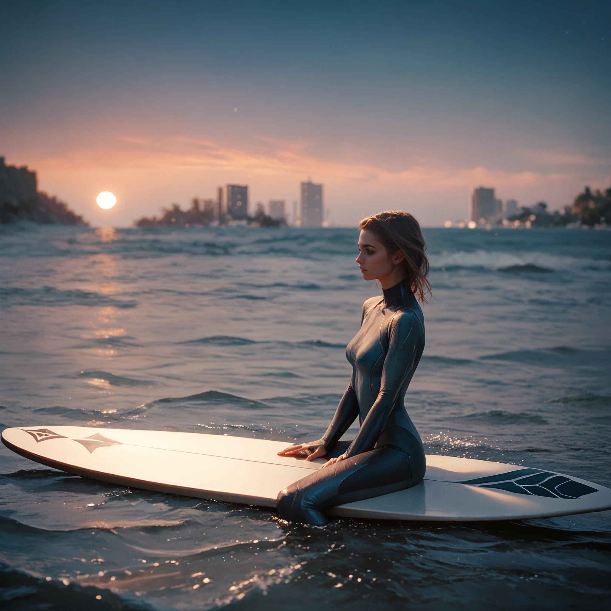 score_9, score_8_up, score_7_up, score_6_up, score_5_up, score_4_up, surfboard, surfboard_straddle, water, 1girl, beautiful, wetsuit, city, night, sunset