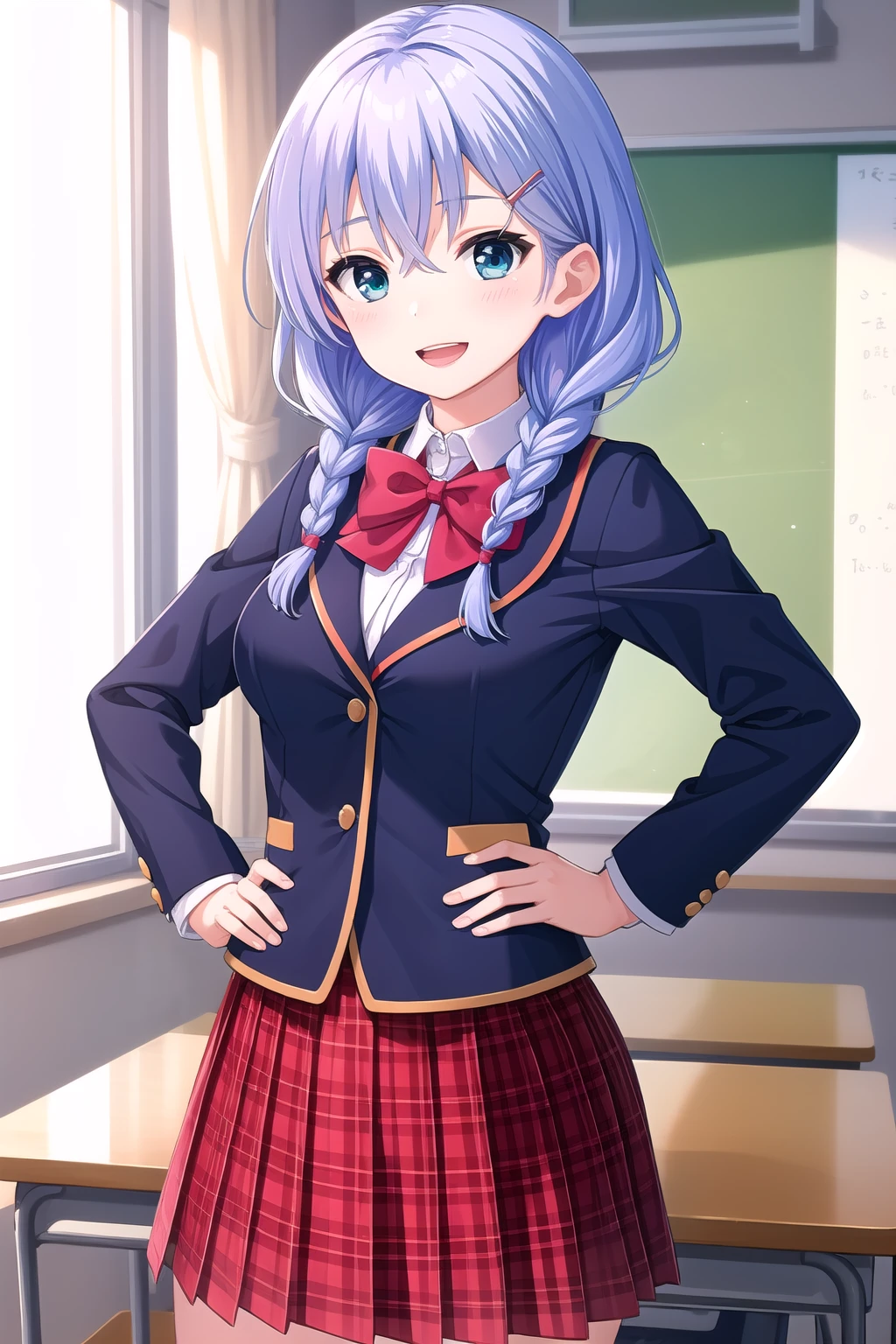 (masterpiece, best quality), highly detailed background, perfect lightingbest quality, murakamifumio, solo, indoors, classroom, light blue hair, hairclip, hair between eyes, twin braids, hair over shoulder, long hair, blue eyes, medium breasts, blue jacket, blazer, red bowtie, collared shirt, white shirt, hands on hips, red skirt, plaid skirt, school uniform, smile, open mouth, :d, pink lips, <lora:Murakami-Fumio:0.7>