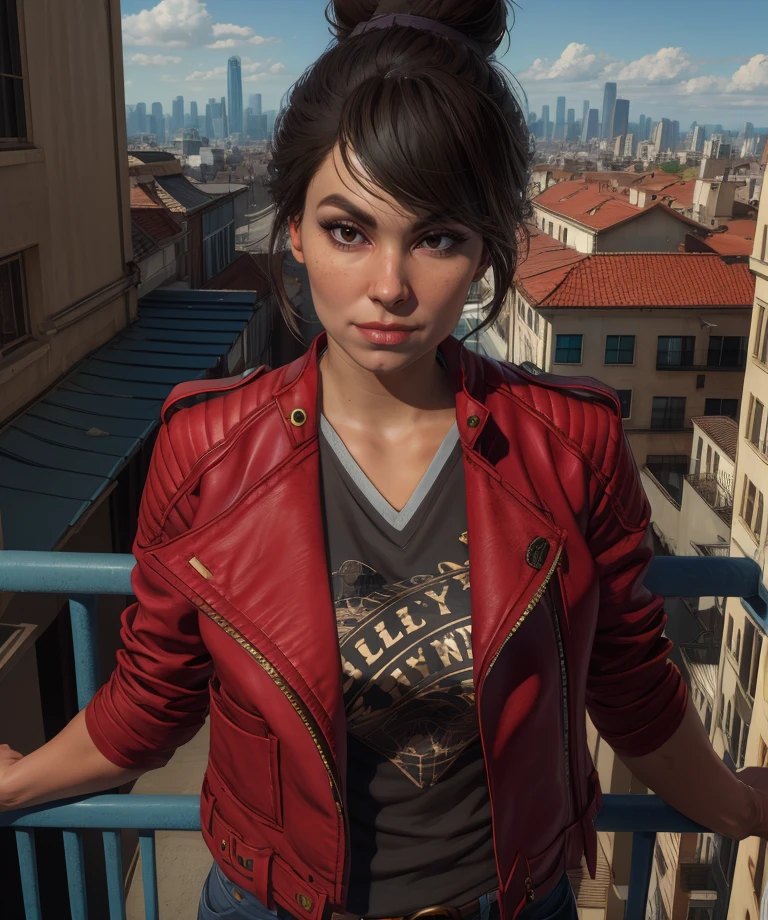 lislnessq,black hair,brown eyes,single hair bun,
red jacket,black shirt,looking at viewer,
standing,upper body,
city, balcony,  
(insanely detailed, masterpiece, best quality) solo,<lora:LoisLaneSSQ:0.8>,