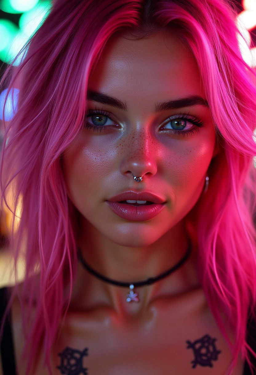 A close-up portrait of a striking woman with vibrant, bubblegum pink hair styled in loose waves. Her face is adorned with multiple facial piercings, including a septum ring, a nose stud, and a small hoop in her eyebrow. The lighting is soft yet dramatic, creating a high-contrast effect that highlights her flawless skin and sharp features. Her intense gaze and subtle smirk exude confidence and a rebellious spirit. The background is a blurred mix of neon lights, adding to the edgy, urban vibe of the scene.