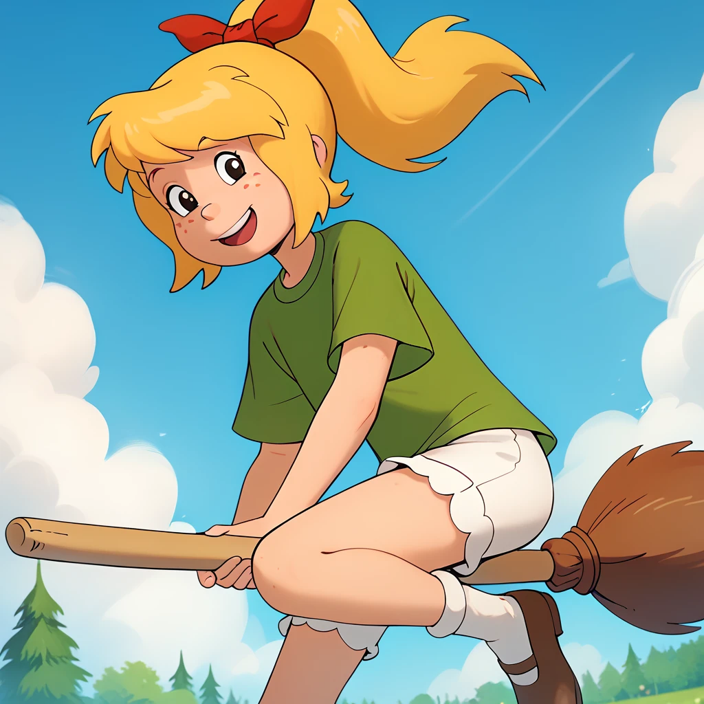 score_9, score_8_up, score_7_up, 1girl, solo, uncensored, <lora:BibiBlocksbergXL_v1.2-000065:1> bibi blocksberg, smile, open mouth, happy, broom riding, blonde hair, red ribbon, freckles, high ponytail, green shirt, white shorts, white socks, looking at viewer, outside, sunny, sky, cloud