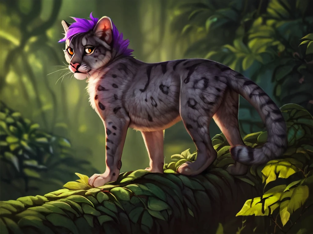 <lora:Anchee_Style_PonyXL_r1:0.8> by anchee, anchee,  score_9, score_8_up, score_7_up, score_6_up, score_5_up, score_4_up, source_furry, rating_safe, feral, purple hair, amber eyes, gray body, detailed background, in a jungle, looking back at you, feline, detailed fur, digital drawing \(artwork\), pencil \(artwork\),