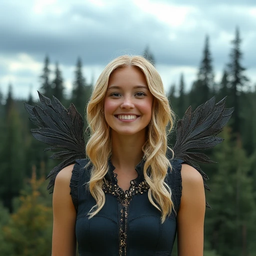 flying, blonde hair, smile, portrait, jewelry, forest, wings, depth of field, solo, makeup, cloudy sky, 1other