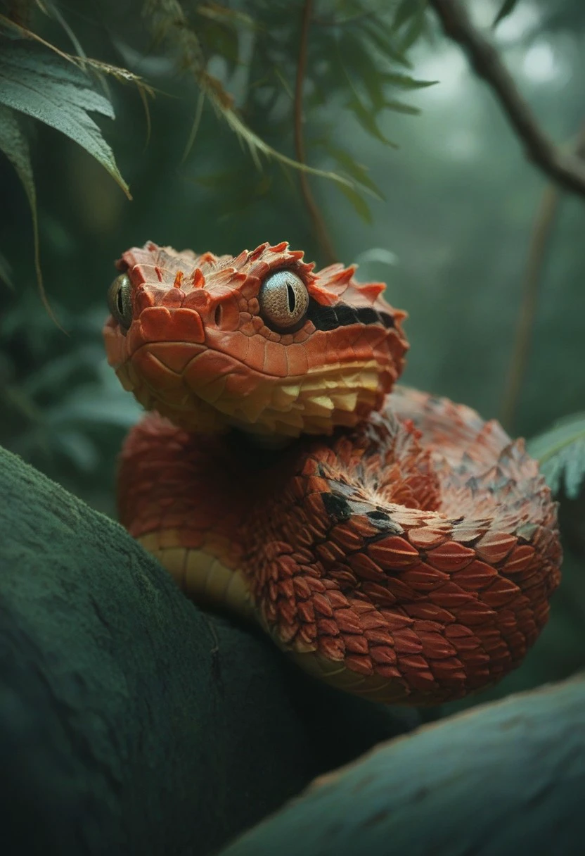 score_9, score_8_up, score_7_up, score_4, score_5, score_6, source_furry, feral snake, Spiny viper, spiny scales, red skin, sitting in a tree, tree, jungle, leaves, view from above,