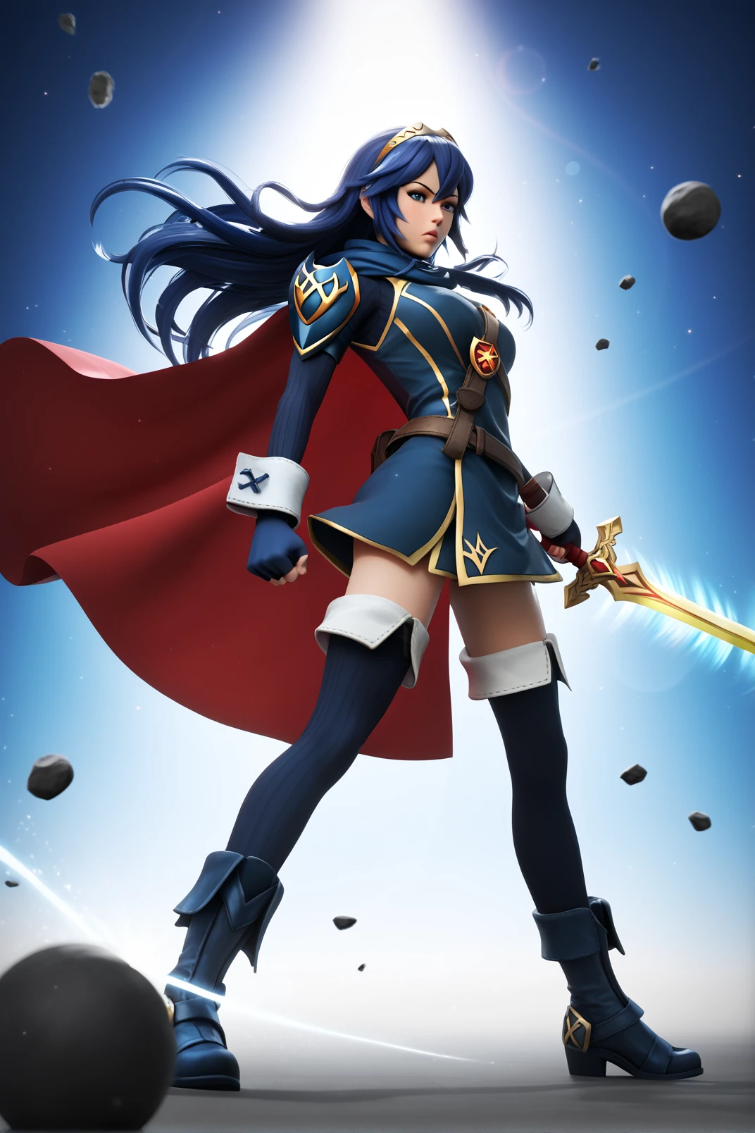 (score_9, score_8_up:1.1), score_7_up, score_X, score_Y_up, BREAK,  1girl, 
 <lora:LUCINA:1>lucina_(fire_emblem), Super Smash Bros Ultimate style, Final Smash pose, critical hit stance, Falchion sword glowing blue, intense blue energy aura, dramatic smash stage background, dynamic stage lighting, action lines, motion blur, determined expression, power stance, unleashing ultimate attack, dramatic low angle shot, Smash Ball fragments floating, opponent silhouette flying backwards, 3/4 view, long blue hair flowing dramatically, red cape billowing, golden tiara glinting, armor with intricate details, slim athletic build, fair skin.
high detail render, 4K resolution, cinematic composition, depth of field, ray tracing, volumetric lighting, particle effects, lens flare, motion lines, impact frames, high contrast, vibrant colors, metallic sheen on armor, fabric physics simulation on cape, hyper realistic textures, sharp focus on face and sword.
epic battle cry, sword trail effect, electric sparks, shockwave ripples in air, time slowing down effect, camera zoom effect, impact tremor, dramatic shadows, lens flare from sword glow, swirling energy vortex, floating debris, speed lines, anime impact frames, hit effect bursts., Glamour portrait, beautiful woman, elegant pose, flawless skin, vibrant makeup, styled hair, soft lighting, bokeh background, high fashion, studio quality, professional photography, magazine cover style.