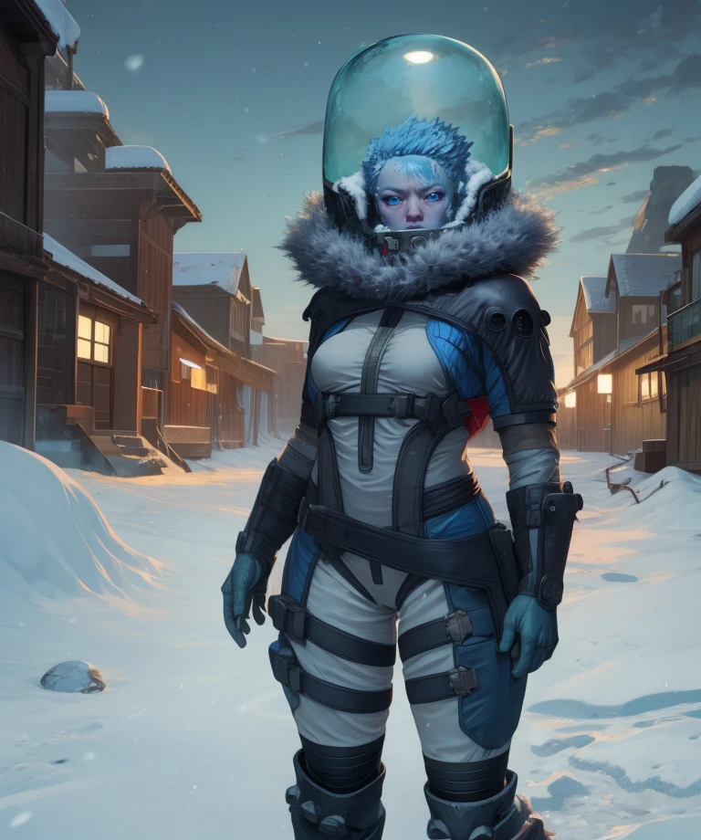 mrsfrzessq,blue eyes,blue ice hair,short hair,
helmet,bodysuit,fur trim,looking at viewer,standing,
snow,night,
(insanely detailed, masterpiece, best quality) solo,<lora:msfreezeSSQ:0.9>,