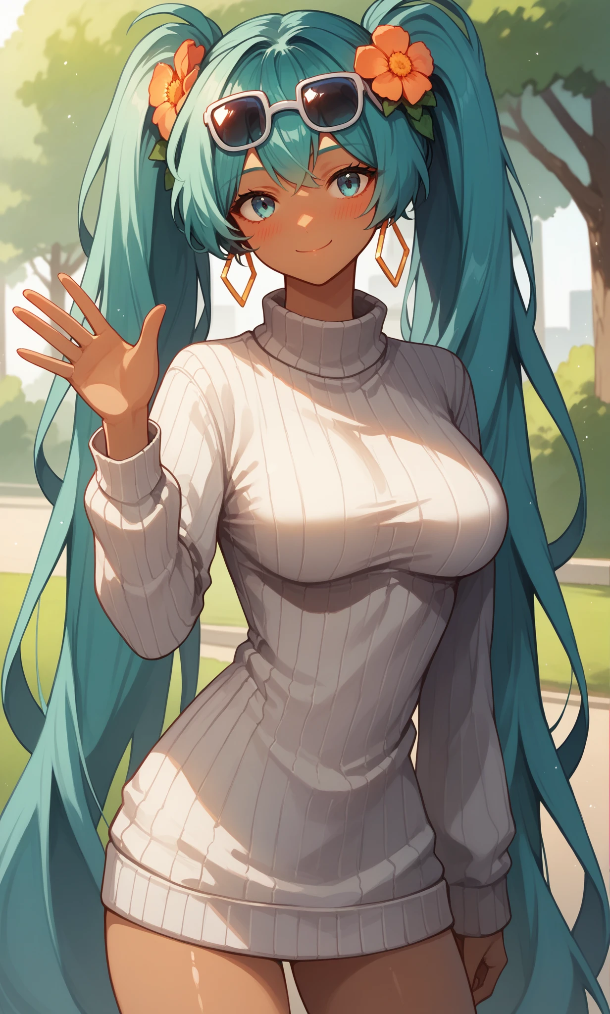 score_9, score_8_up, score_7_up, BREAK source_anime, 1girl, solo, outdoors, park, cowboy shot, standing, looking at viewer, miku_br, blue eyes, aqua hair, absurdly long hair, twintails, dark skin, hair flower ornament, hoop earrings, sunglasses, eyewear on head, ribbed sweater, sweater dress, turtleneck, long sleeves, waving, smile, closed mouth, close-up, shiny skin, nose blush 