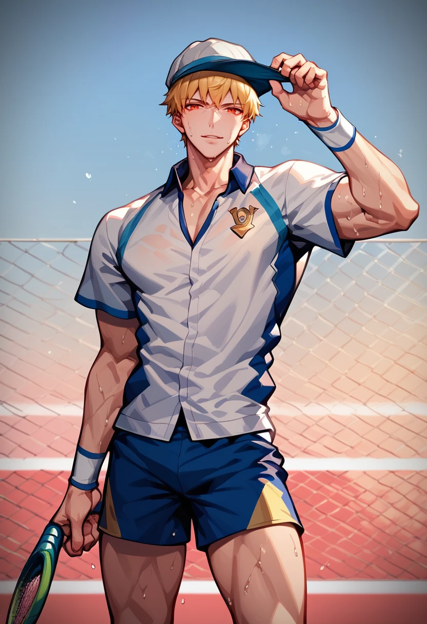 score_9,score_8_up,score_7_up,1boy,solo,yaoi,bara,male focus,fairly nsfw,uncersored,highres,best quality,amazing quality,best aesthetic,absurdres,<lora:add-detail-xl:1>,<lora:gilgamesh:1>,gilgamesh,jewelry,tennis_uniform,standing,holding hat,looking at viewer,sweat,parted lips,