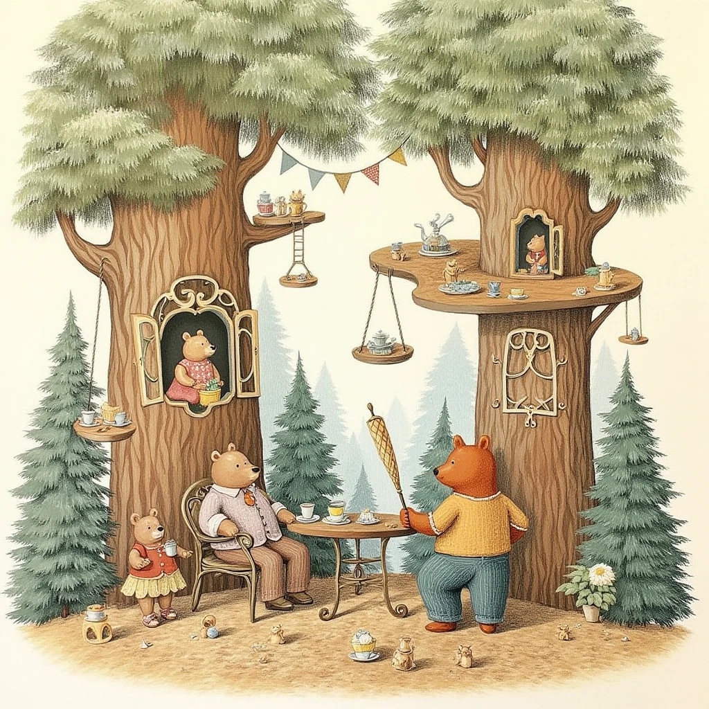 fairy tales,Best picture quality, masterpiece, high definition, 4K,A drawing of a forest scene with animals in it. There are two large trees in the background. One of the trees has a man sitting on a chair in front of a table. The other tree has a bear in a window on it's face. There is a bear holding a tray with a cup and saucer in it's hand. The bear is wearing a suit and holding an umbrella in his hand.