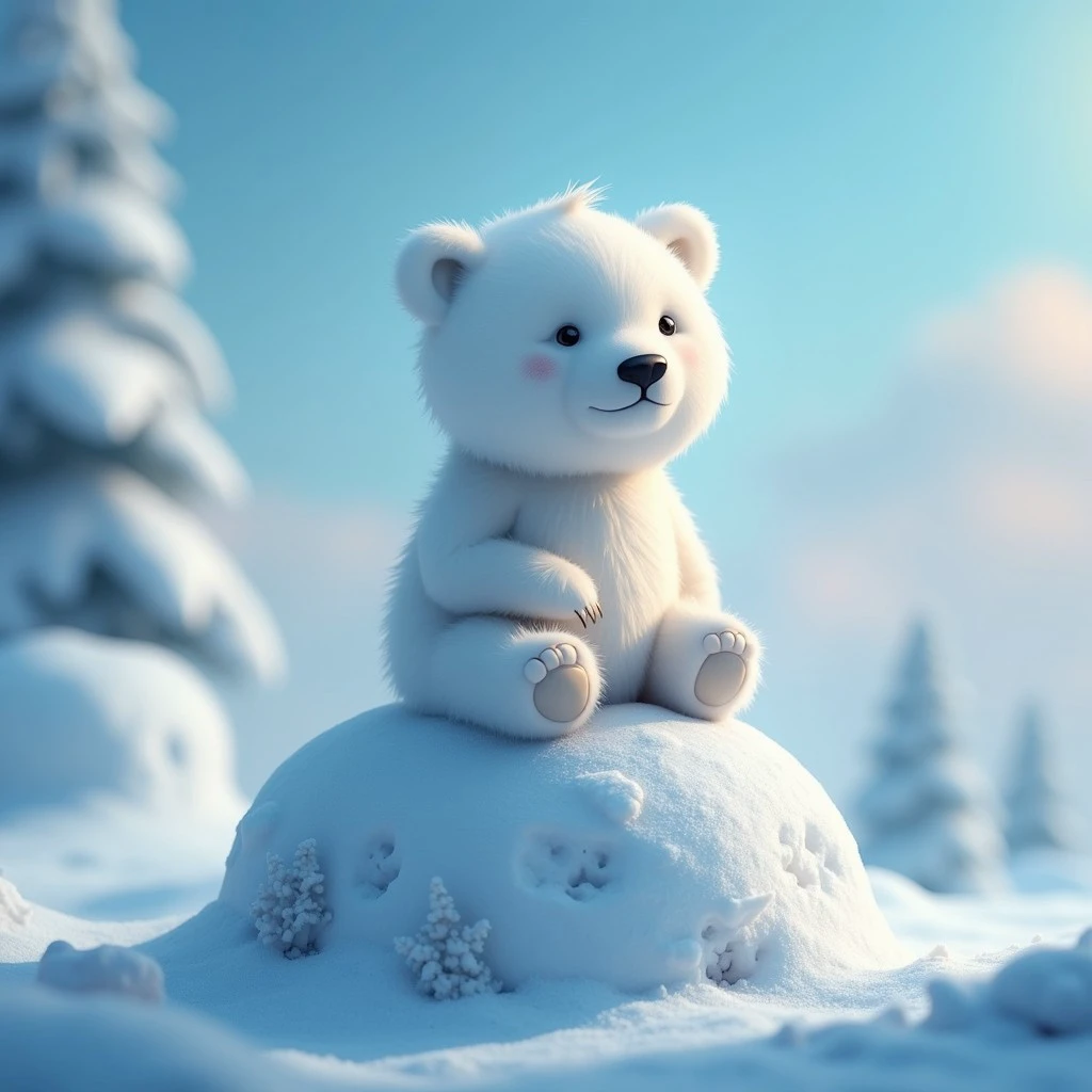 a chibi polar bear sitting on an igloo, super hyper realistic, cinematic volumetric lighting, shot with Sony Fx6