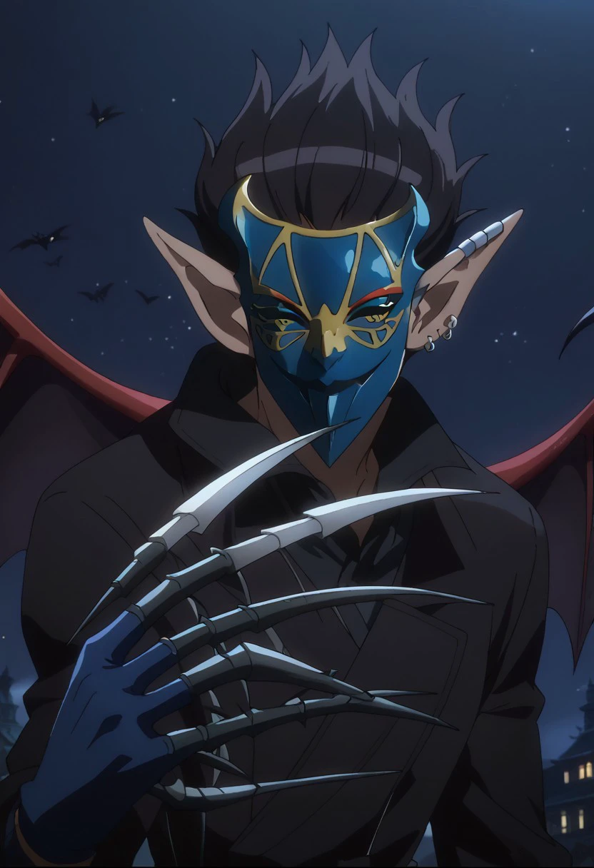 score_9, score_8_up, score_7_up, source_anime, rating_safe, DemiurgeOL, black_Demiurge_hair, grey_Demiurge_piercings, 1boy, male focus, anime screencap, blue-yellow_Demiurge_mask, gloves, claw, claws (weapon), demon wings,