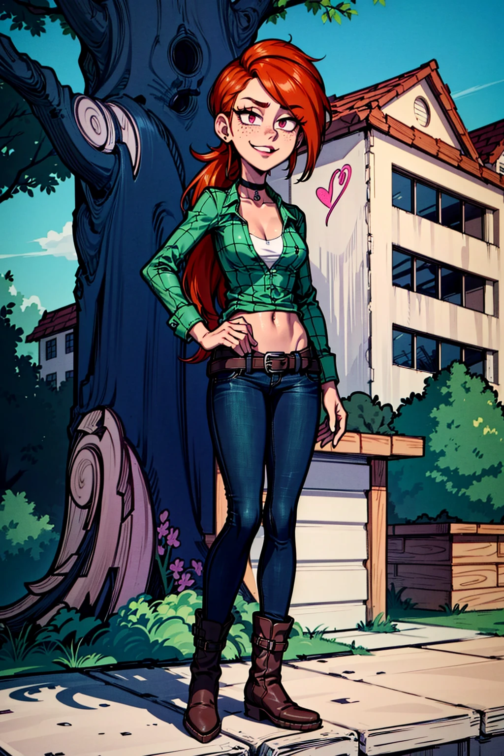 an accurate and detailed full body shot of a young adult female character named Vindy, 1girl, tall, slender, athletic build, Vibrant orange-red hair, (long and wavy hair:1), (spiky bangs:1), (loose ponytail:1), expressive eyes, pink eyes, relaxed expression, Heart-shaped face with freckles, a mischievous grin, lipstick, black choker, (cropped green plaid flannel shirt:1.4), (unbuttoned long-sleeve:1.5), (a graphic-tee of a tree symbol underneath:1.6), midriff, (ripped skinny black jeans:1.2), (purple colored belt:1.3), (Ankle boots:1.5), (dark-blue colored boots:1.3), girl-next-door vibe, masterpiece, high quality, 4K<lora:EMS-6967-EMS:0.600000>, <lora:EMS-281658-EMS:0.600000>, <lora:EMS-311256-EMS:0.300000>