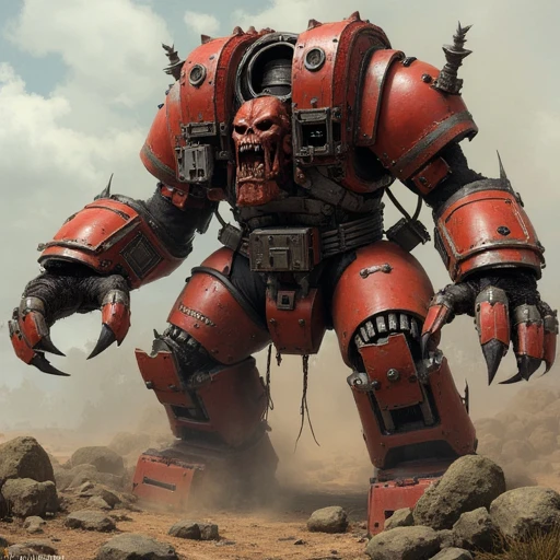 an ork in a mechanised suit made from scrap metal which is painted red and features huge claws