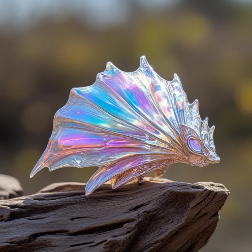 A beautiful iridescent seashell, National Geographic-style photography., sitting on top of an old piece of wood. The intricate details and vibrant colors make it look as if it's made from glass or crystal. Photographed with a Canon EOS R5 mirrorless camera., with a blurred background. The scene evokes an atmosphere of magical realism.