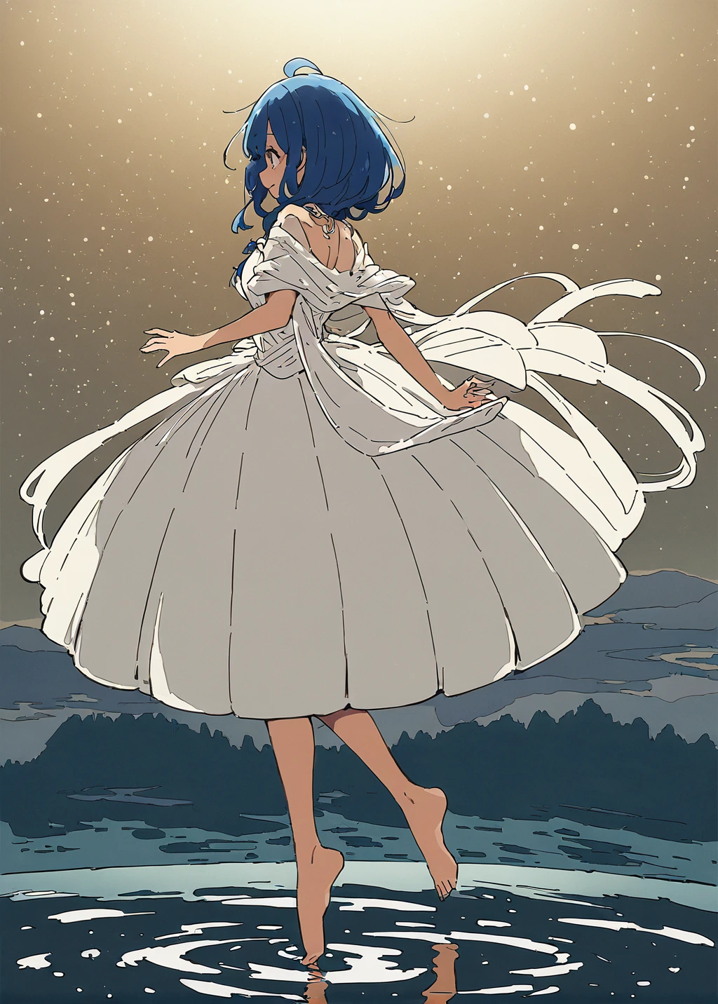 highres,masterpiece,best quality,imigimuru,
A girl with blue hair,dressed in a white gown,tiptoes on the water's surface,her dance reflected in the water below,with a backdrop of mountains and a starry night sky,<lora:Yanami.V1.3 XL zeta-000020:0.6>,