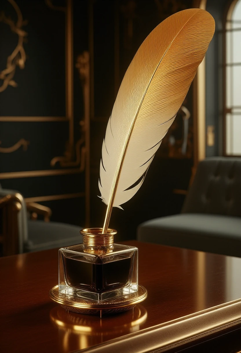 <lora:Art_Deco_Obsidian_Gold:1> Deco_BlackGold, highly detailed feather quill in two color tones, dipped in an inkwell, on a wooden desk in a vintage study