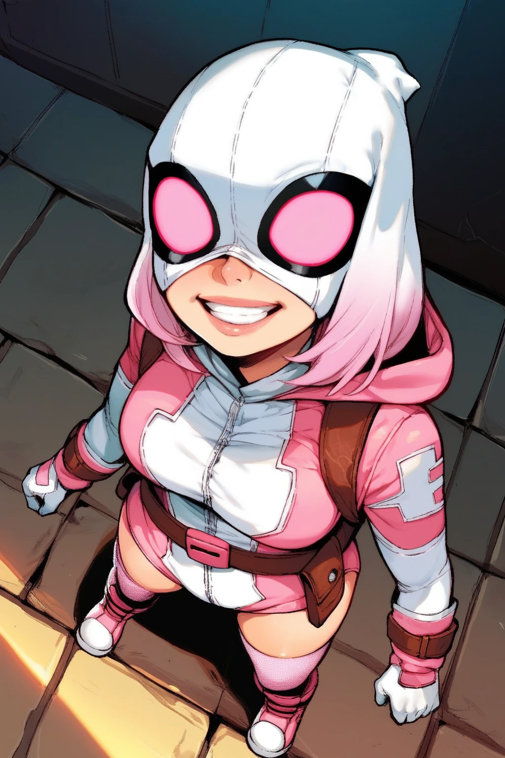 score_9, score_8_up, score_7_up, score_6_up, score_5_up, score_4_up, masterpiece, high quality, BREAK, full body, BREAK, 1girl,   <lora:GwenpoolV2:0.9> Gwenpool, multicolored hair, gradient hair, pink and white leotard, utility belt, katana, white mask, pink mask lenses, Superhero mask, white with pink eye patches, overhead mask, mask covering hair, hood mask, mask on head