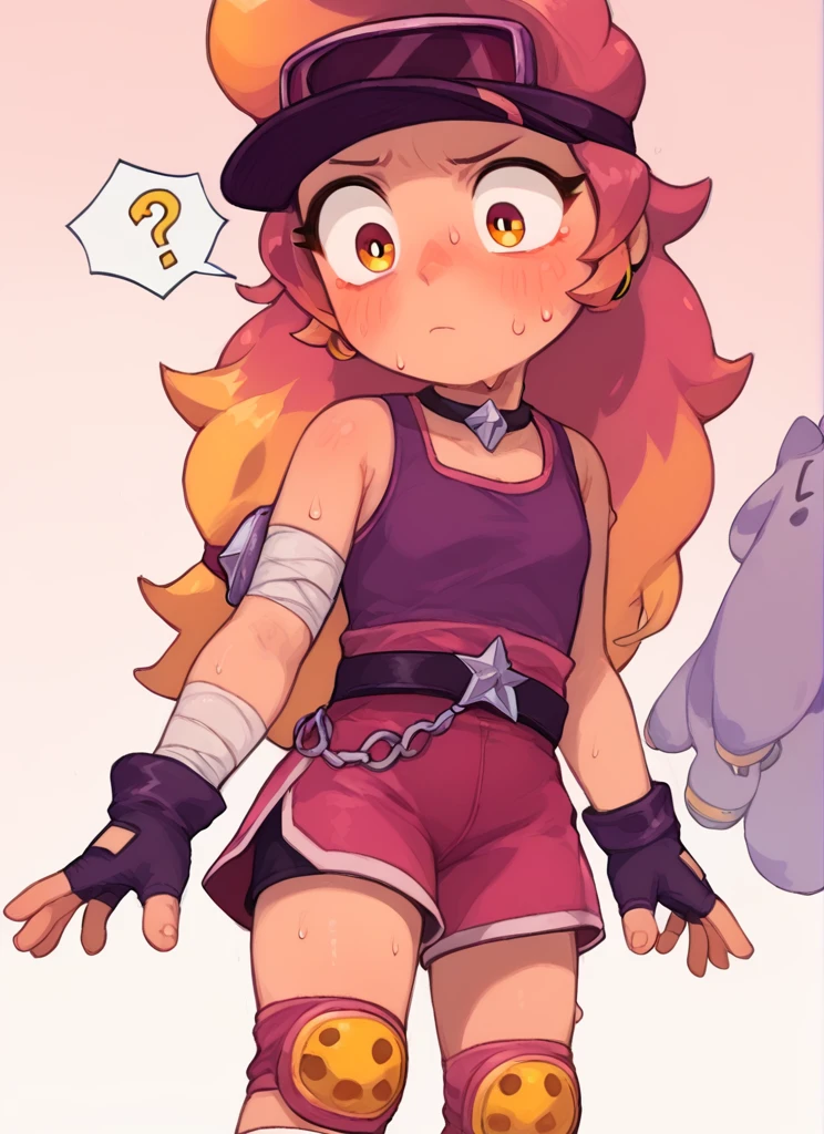 score_9, score_8_up, score_7_up,   <lora:boamber:1>boamber   ,1 girl  , multicolored hair, long hair  ,purple tank top,  belt, yellow knee pads, shorts ,  skirt, shorts under skirt, visor cap,   pink headwear, fingerless gloves,  <lora:PossumMachine:1>posmach  , confused, white Arm scarf , ??? ,sweat,  blush,