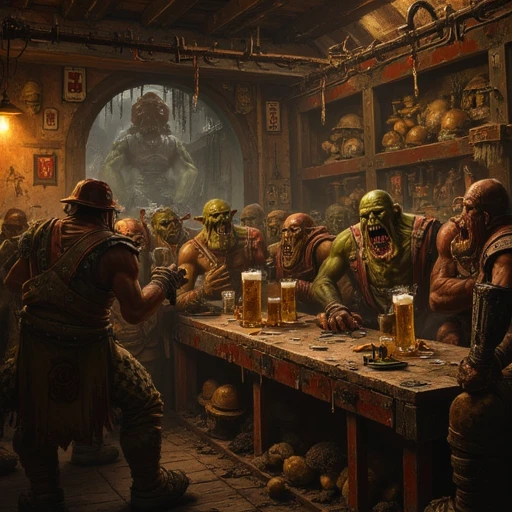 a bunch of orks being rowdy in a tavern which is made of scrap metal, they're drinking ale brewed from mushrooms