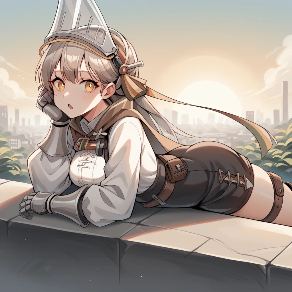 score_9_up, score_8_up, score_7_up, source_anime, masterpiece, best quality, 1girl, solo, Fartooth_Ark, Far_Def,  skyscrapers, sun light, lying on stomach on ledge, looking at you, open mouth, pensive, from side, head rest, grey hair, long hair, feather hair, visor (armor), helmet, yellow eyes, brown cape, puffy long sleeves, white sleeves, gauntlets, white shirt, high-waist shorts, black shorts, belt, strap, thigh strap, thigh pouch, knee boots, armored boots, mature body, dynamic cowboy shot, outdoors, cityscape background