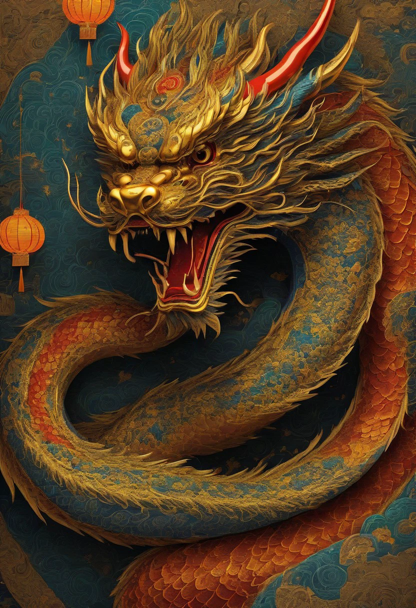 "A traditional Chinese dragon with a long body and bright colors curls around a large pearl. Its golden whiskers flutter and clouds gather around it. Detailed patterns cover its scales."