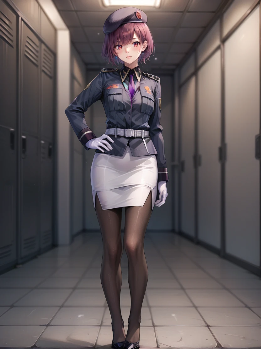 score_9, score_8_up, score_7_up,  highres, source_anime, (cowboy shot:1.3), hand on hip
holographic interface, army briefing room
1girl, tdksk,  blurry background,
enduring, blush, Fuchsia hair, short hair,  full body, military uniform, beret, white gloves, red eyes, necktie, white skirt, belt, jacket, pencil skirt, black pantyhose, long sleeves, purple necktie, bangs, medium breasts,
<lora:tdkskXL_kohyaV1:.9>