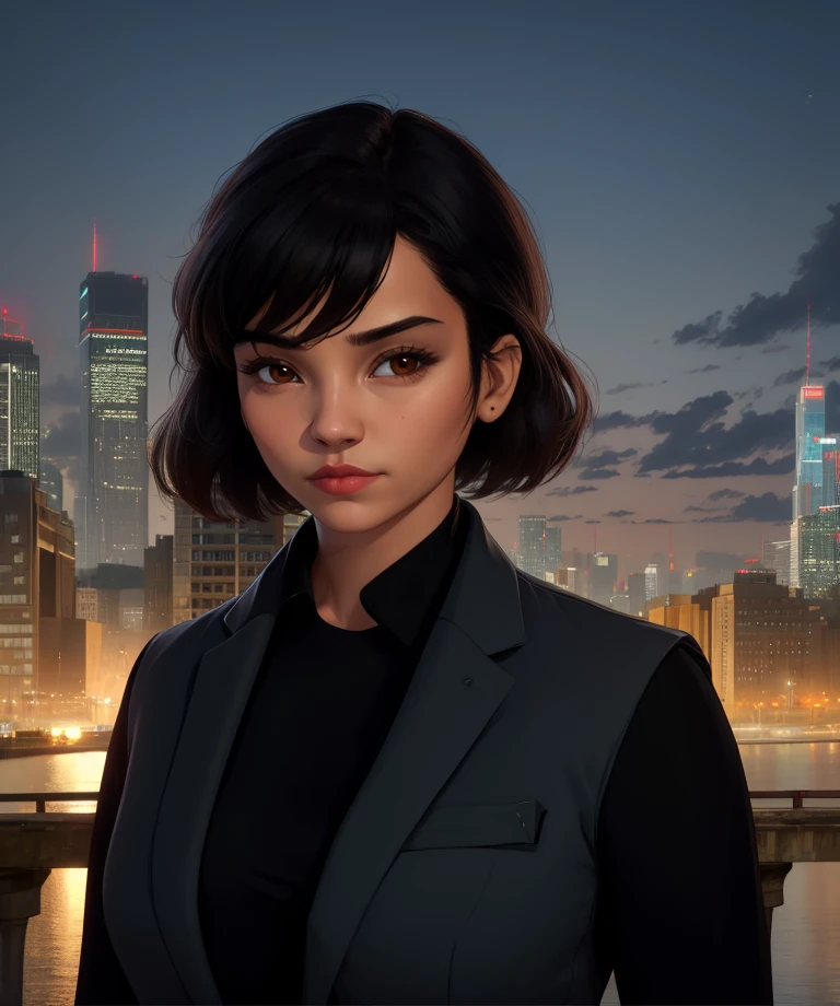 asukagta,brown eyes,black hair,bangs,
black suit,black shirt,
standing,upper body, looking at viewer, 
cityscape,
(insanely detailed, beautiful detailed face, masterpiece, best quality) solo,<lora:asukaGTA:0.8>,