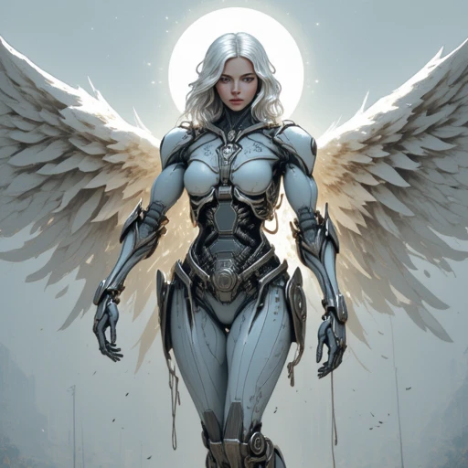 Mechangel with robotic body, angelic halo and long white hair,