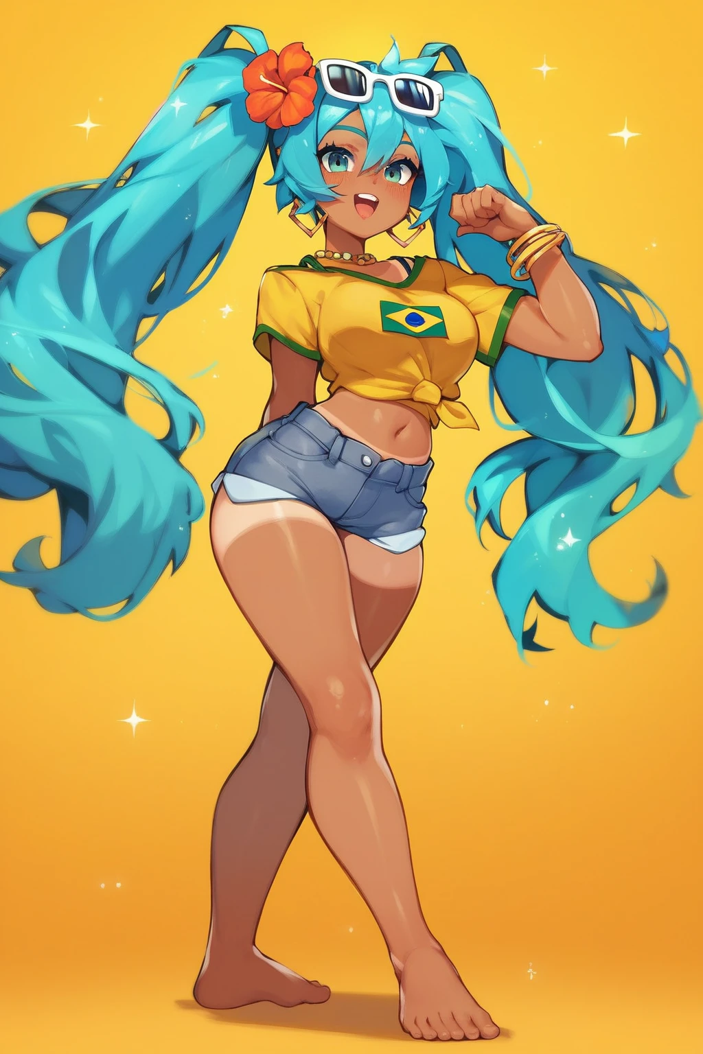 score_9, score_8_up, score_7_up, score_6_up, score_5_up, score_4_up, masterpiece, high quality, BREAK, full body, BREAK, 1girl,  <lora:Brazilian Miku:0.8> aqua hair, sunglasses on head, flower in hair, yellow shirt, brazil flag on shirt, denim shorts, booty shorts, tanned, 1girl, hatsune miku,