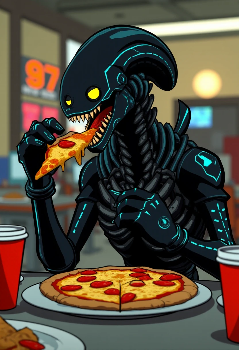 hifirushstyle, Black xenomorph eating pizza at the cafeteria.      