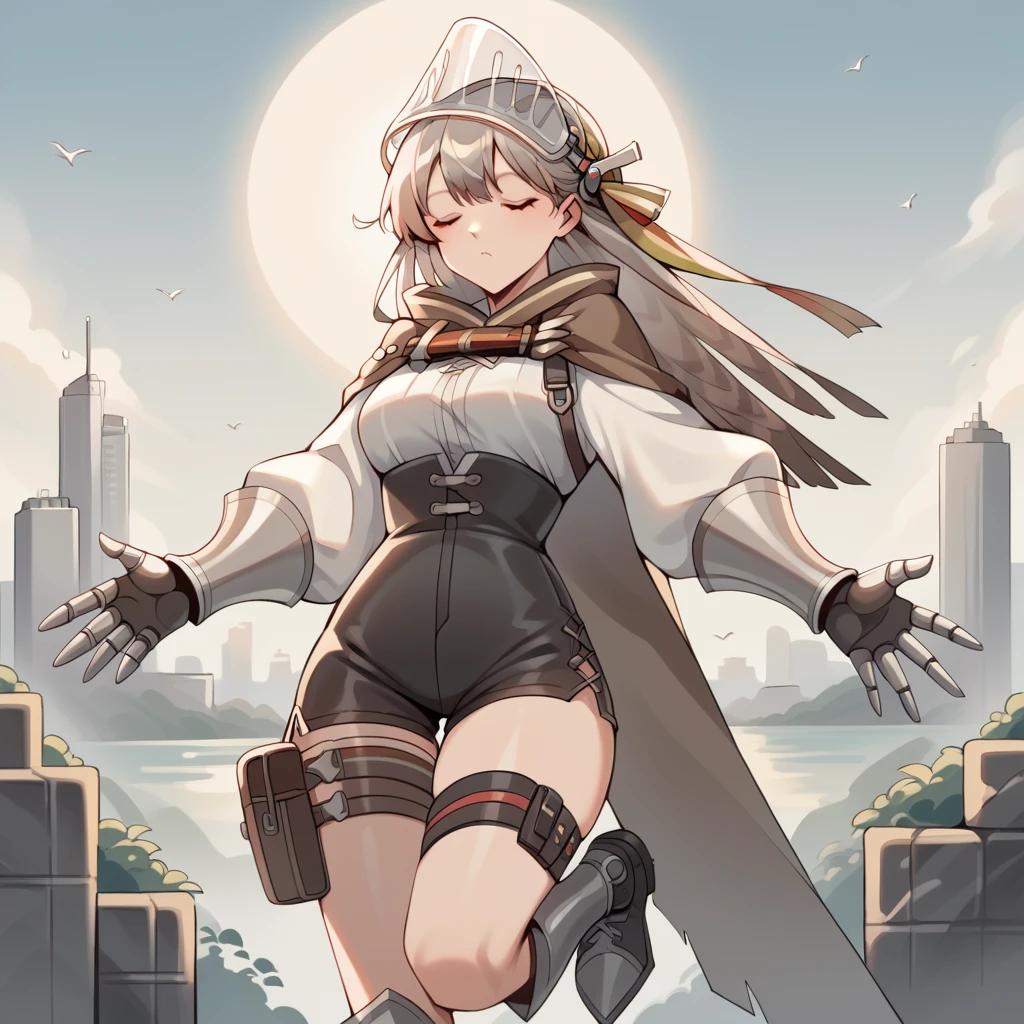 score_9_up, score_8_up, score_7_up, source_anime, masterpiece, best quality, 1girl, solo, Fartooth_Ark, Far_Def,  skyscrapers, sun light, standing on one leg, bend knee, bird imitation, spread arms, grey hair, long hair, feather hair, visor (armor), helmet, closed eyes, brown cape, puffy long sleeves, white sleeves, gauntlets, white shirt, high-waist shorts, black shorts, belt, strap, thigh strap, thigh pouch, knee boots, armored boots, mature body, dynamic cowboy shot, outdoors, cityscape background