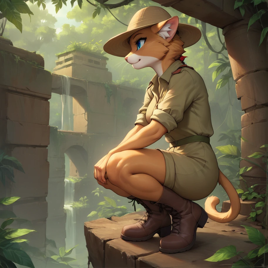 score_9, score_8_up, score_7_up, source_furry, rating_sfw, highly detailed, masterpiece, solo, 1female, anthro cat female, safari_outfit, boots, pith hat, action scene, crouching at cliff, ruins below in background, daylight scene, jungle, heavy foliage, <lora:Outfits\Safari_Outfit_-_Female.safetensors:0.8:0.8>