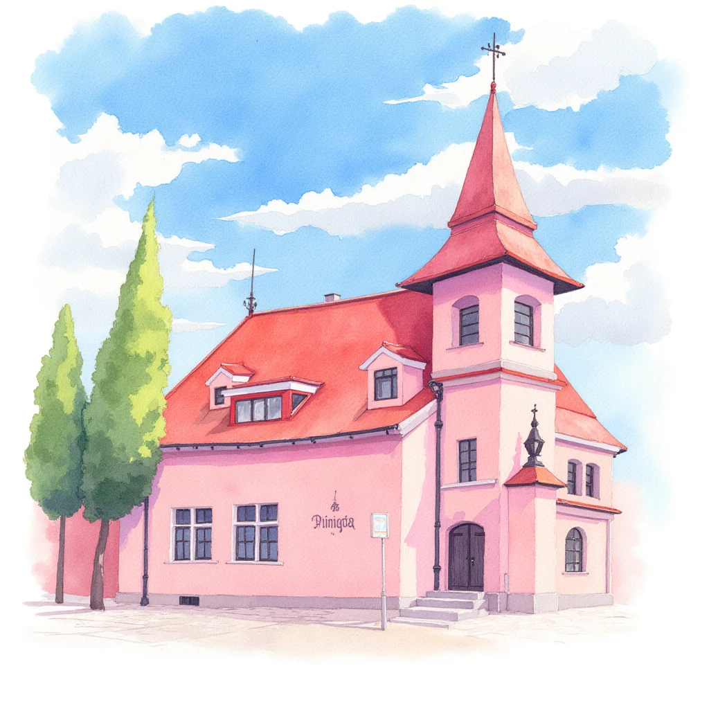 Watercolor,hand drawn,Best picture quality, masterpiece, high definition, 4K, A watercolor painting of a building. The building is pink. The roof of the building is red. The sky is blue with white clouds. There is a green tree in the painting.