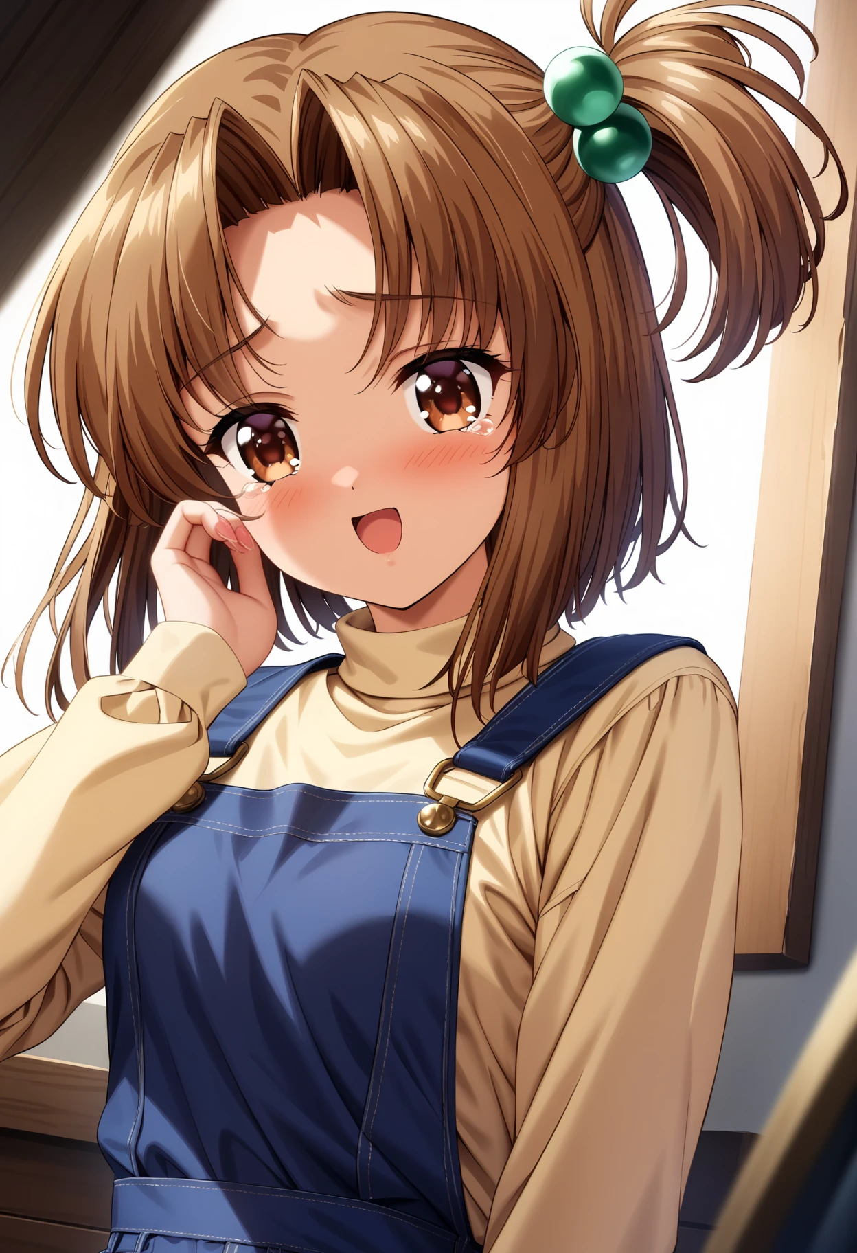 masterpiece,best quality,very aesthetic,absurdres,rim light,intricate details,1girl,solo,<lora:SHINBASHI_RINA_V1:1>,rina_shinbashi,brown eyes,brown hair,short hair,hair ornament,Side ponytail,small_breasts,overalls,long sleeves,turtleneck,<lora:Fixhands_anime_bdsqlsz_V1:1>,standing,light_blush,looking_at_viewer,dutch angle,cinematic_angle,dynamic_angle,full_shot,blush,hand_on_own_,hand_on_own_cheek,:d,streaming_tears,teardrop,indoor,bedroom,, masterpiece,best quality, very aesthetic, absurdres, ultra detailed, high resolution, 4k, extremely detailed CG,