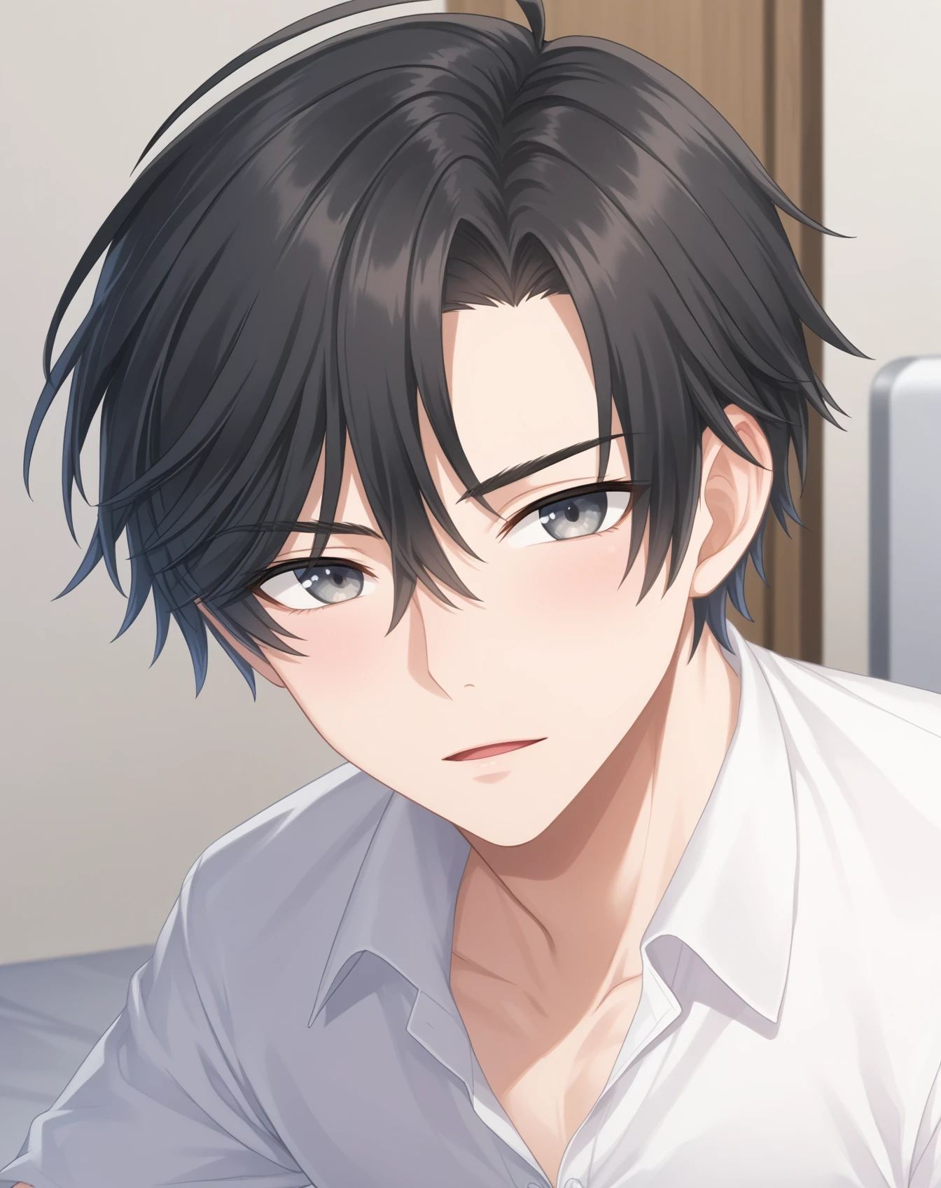 score_9, score_8_up, score_7_up, source_anime, anime screencap, depth of field, rating_safe, BREAK,
1boy, solo, yaoi, male focus,
looking at viewer, cowboy shot, facing viewer,
<lora:jumin_han_pony:1> jumin_han_pony, black hair, grey eyes, short hair,
indoors,