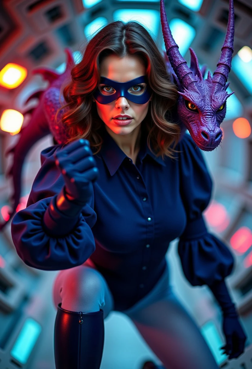 photograph of a beautiful brunette woman, a purple dragon on her shoulder, fighting pose, determined,
medium-length wavy hair, pale skin, brown eyes, dark blue long-sleeved puffy-sleeved shirt with wide collar, dark blue leotard, light blue pantyhose, high dark blue heeled boots, dark blue gloves, dark blue superhero eye mask, 
spaceship background, neon bokeh