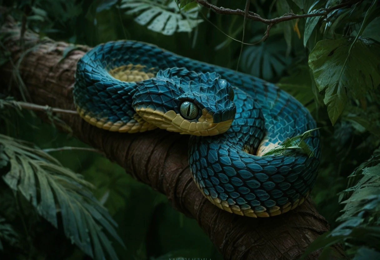 score_9, score_8_up, score_7_up, score_4, score_5, score_6, source_furry, feral snake, Spiny viper, spiny scales, sitting in a tree, tree, jungle, leaves, view from above,