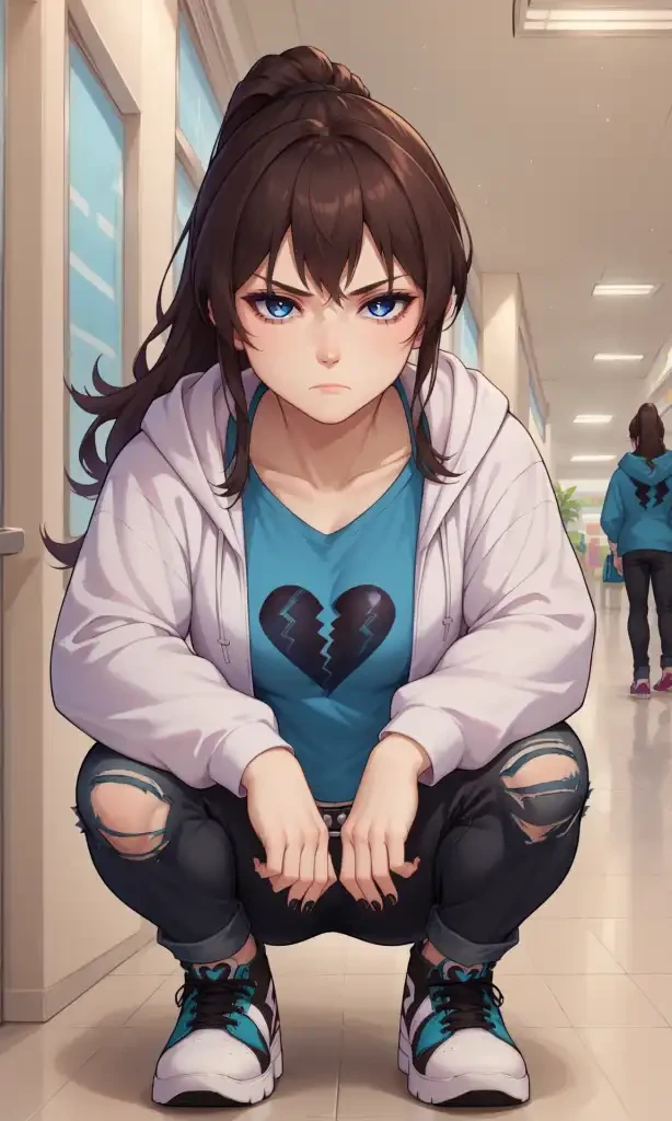 score_9, score_8_up, score_7_up, source_anime, nicole09, 1girl, solo, full body, long hair, ponytail, sidelocks, black nails, serious, open jacket, white hooded jacket, broken heart print t-shirt, studded belt, black pants, torn pants, sneakers,  indoors, mall, slav squatting, looking at viewer,