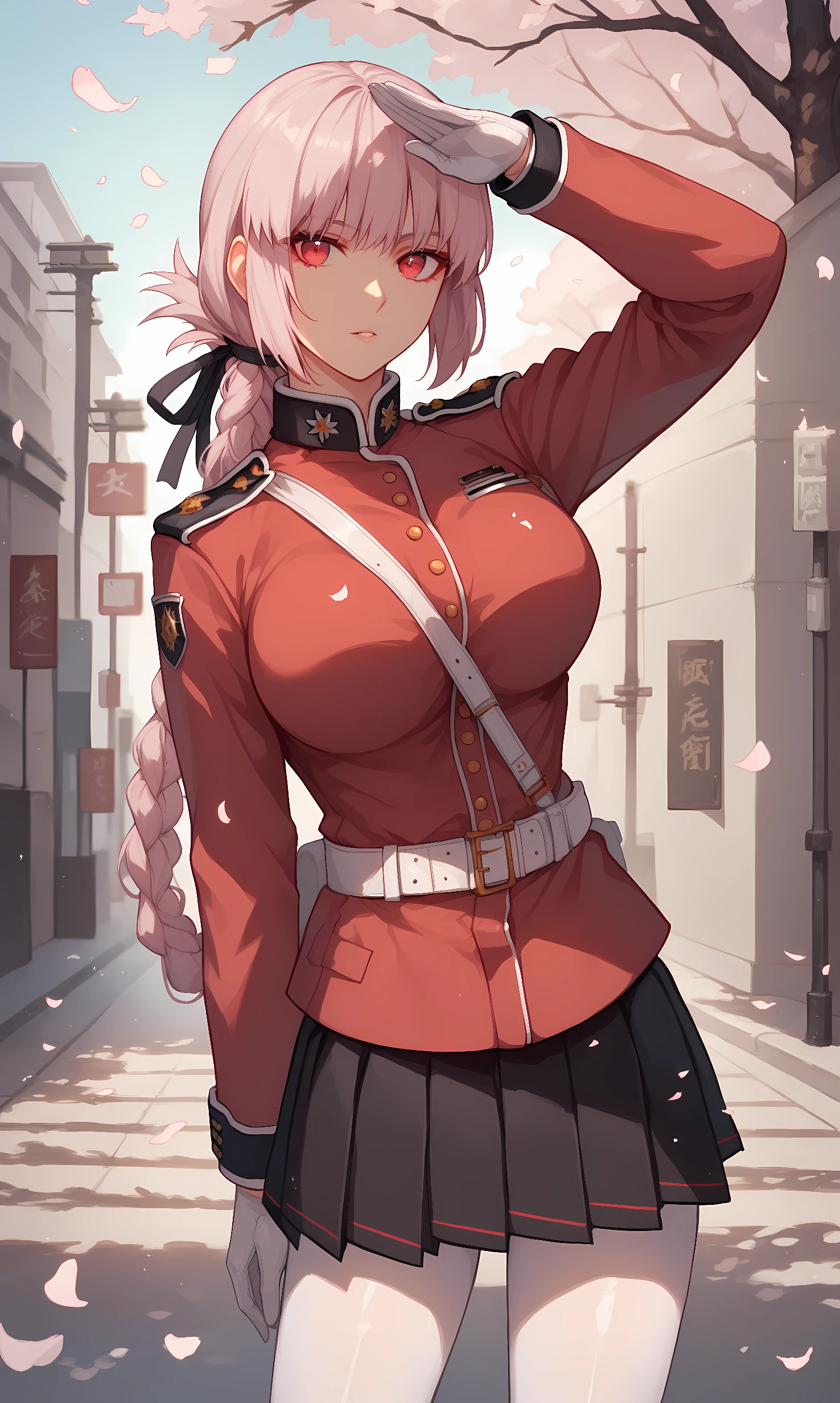 score_9, score_8_up, score_7_up, BREAK source_anime, 1girl, solo, outdoors, street, cherry blossoms, cowboy shot, standing, looking at viewer,nightingale, red eyes, light pink hair, long hair, blunt bangs, braid, low hair ring, black ribbon, hair ribbon, military uniform, red jacket, belt, white gloves, black skirt, pleated skirt, white pantyhose, white knee boots, close-up, shiny skin, salute