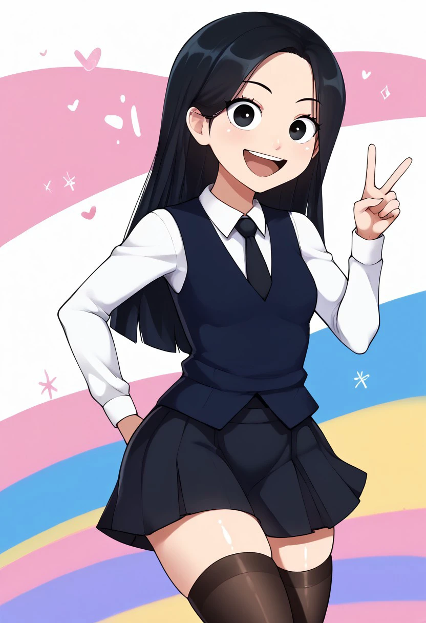 score_9, score_8_up, score_7_up, , shiny skin:0.1, source_anime , deep skin,, high quality, highres, , 1girl, petite, small breasts,  cute, sexy, SeraKiaeker, black hair, solo, black eyes, white shirt, long sleeves, dark blue vest, black skirt, school uniform, collared shirt, dark brown stockings, black necktie, colorful background, smile, open mouth, happy, pose