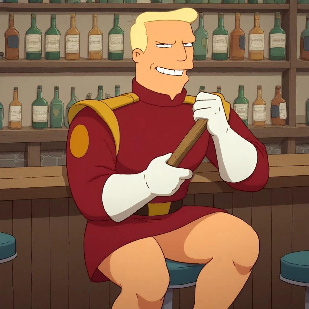 score_8, score_9, break, zapp_brannigan, blonde hair, white gloves, uniform, sitting, bar, smirk