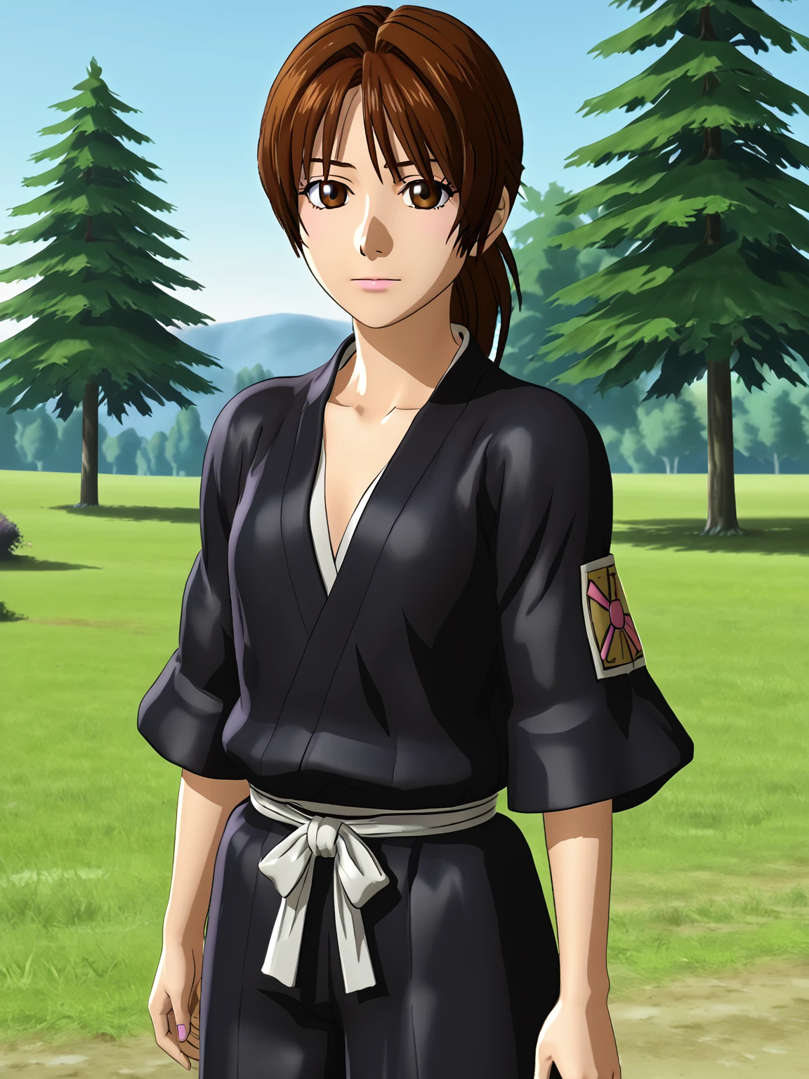 3d, yukiterai, brown hair, brown eyes, 1girl, score 8 up, score 9 up,  <lora:YukiTerai:0.9>, <lora:Bleach_Shihakusho:1> shihakusho, black hakama