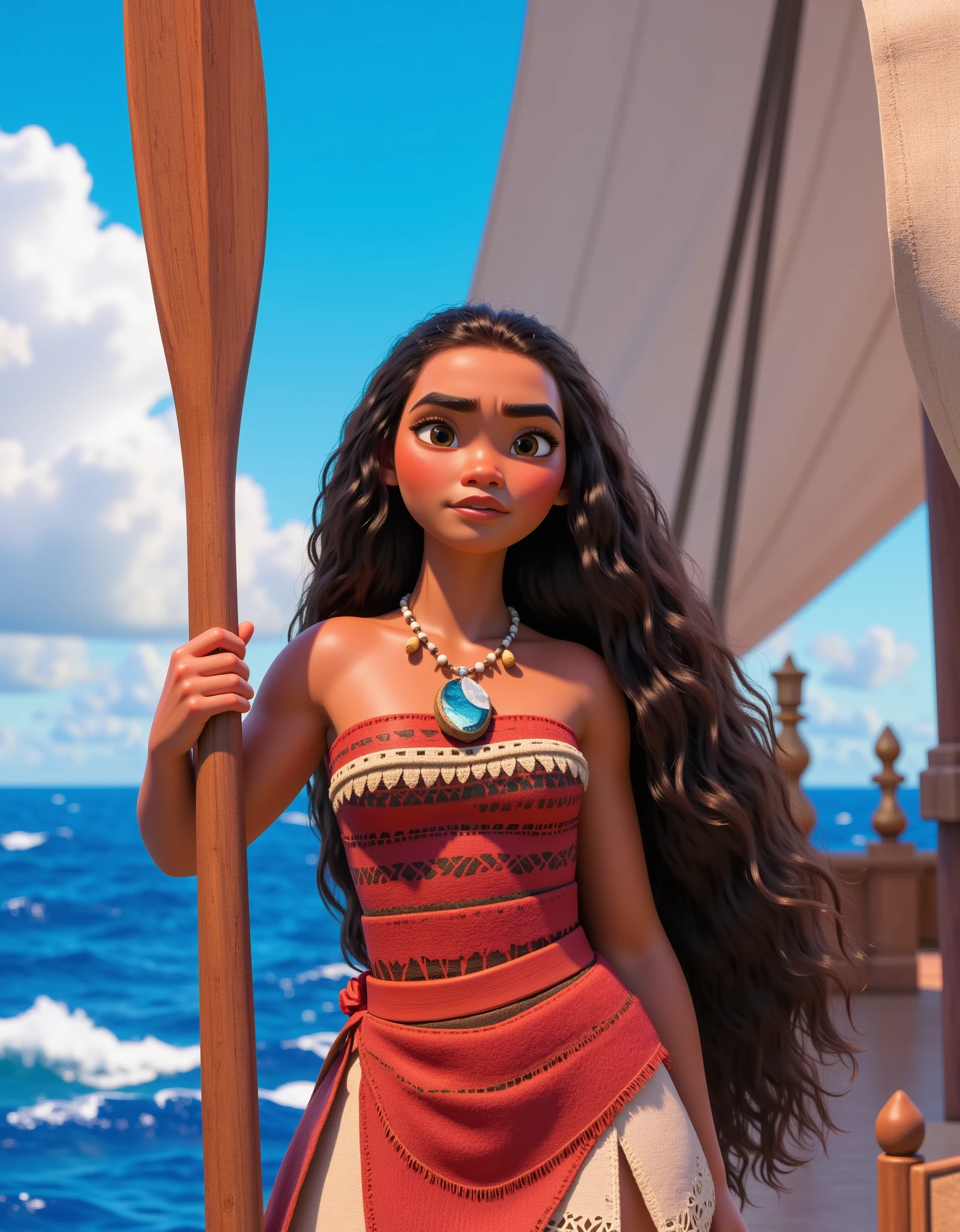 moana, princess moana, Moana is at the helm of a large canoe, dressed in her royal attire, guiding her people across the open sea. Her sash and necklace gleam in the sunlight, and she stands tall, holding a paddle with a look of leadership and pride, disney style