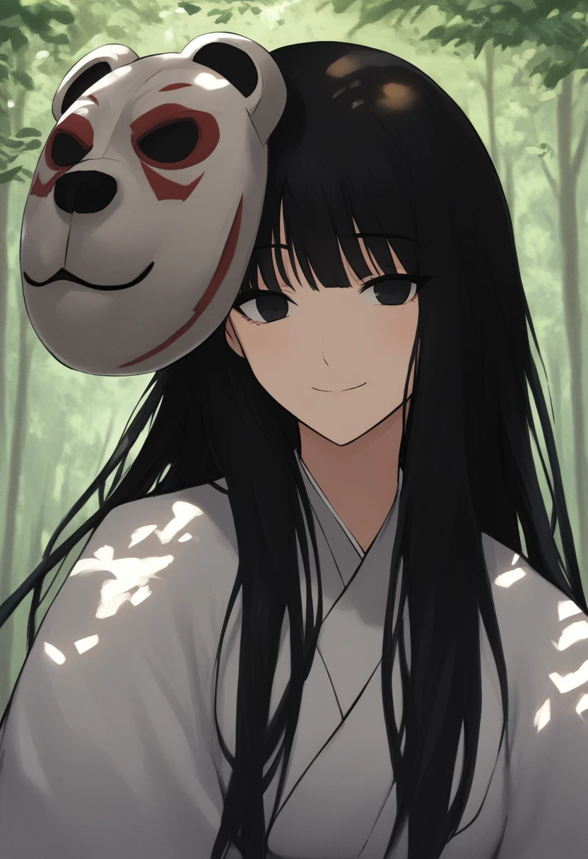 score_8_up, woman, smile, long hair, black hair, black eyes, looking at viewer, seductive smile, light blush, outdoors, forest, upper body, shade, bear mask, white kimono, mask on head, 
<lora:DarkerThanDarkV1.5:0.5> 
<lora:AnimalMasks-000009:1>