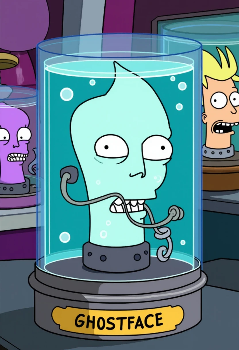 Create a vibrant, cartoon-style image of Ghostface as a 'living head in a jar,' inspired by the Futurama series. The head should be in a clear jar filled with a bright blue liquid, with exaggerated tubes and wires connected to it, adding a humorous and whimsical touch. The jar should sit on a metallic stand with a bold, simple nameplate on the front that reads 'Ghostface.' The background should be a colorful, futuristic lab with other similar cartoon jars, maintaining a playful and light-hearted tone.